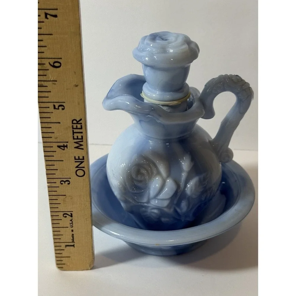 Avon Victoriana Blue Slag Glass Pitcher and Soap Dish 1978 Embossed Rose Design
